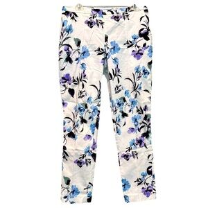 Calvin Klein Size 6 White Blue & Purple Floral Cotton/Spandex Ankle Pants